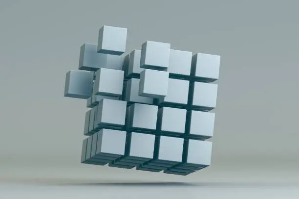 3D Rendering Cube Blocks, in a row, education, architecture, gray background