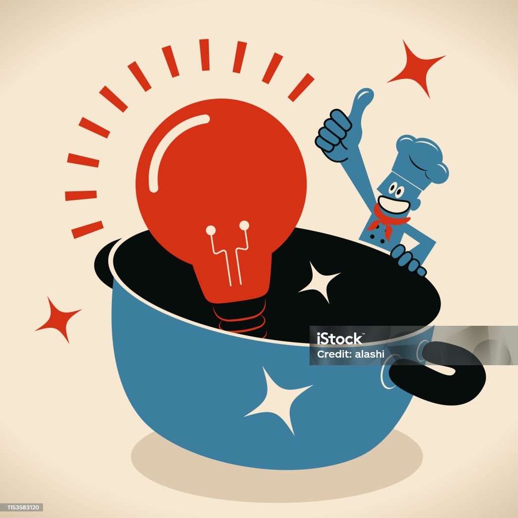 Happy smiling chef with a big pot and a big idea light bulb Blue Little Guy Characters Full Length Vector art illustration.
Happy smiling chef with a big pot and a big idea light bulb. Cooking Pan stock vector