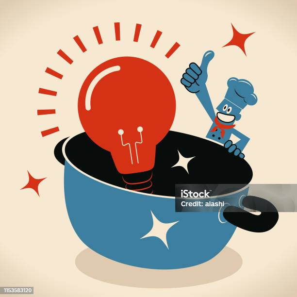 Happy Smiling Chef With A Big Pot And A Big Idea Light Bulb Stock Illustration - Download Image Now