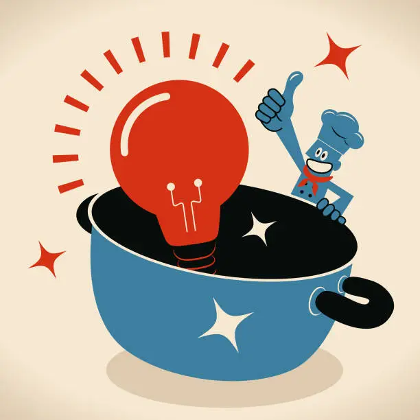 Vector illustration of Happy smiling chef with a big pot and a big idea light bulb