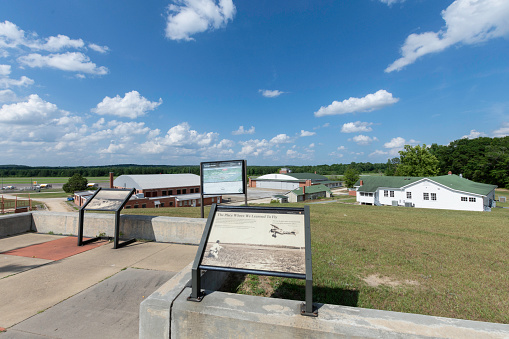 Tuskegee, Alabama/USA-May 30, 2019: Historic story markers placed at the observation deck on the hill overlooking Morton Field at the Tuskegee Airmen National Historic Site in eastern Alabama.