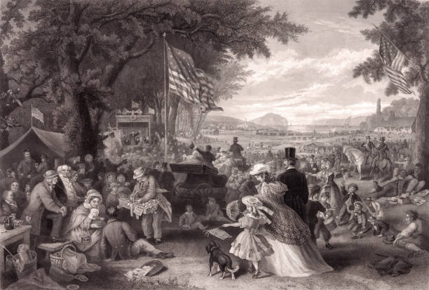 Fourth of July Celebration Vintage illustration features a large gathering of people picnicking, playing games, and enjoying the Independence Day celebration outdoors among large trees and an open lawn. family reunion images pictures stock illustrations