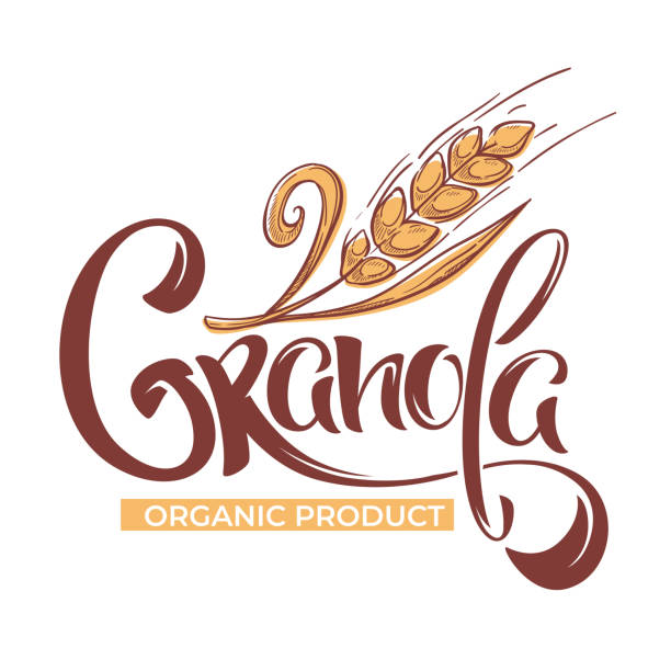 Granola logo template with calligraphy lettering composition and grain sketch images Granola logo template with calligraphy lettering composition and grain sketch images insignia healthy eating gold nature stock illustrations