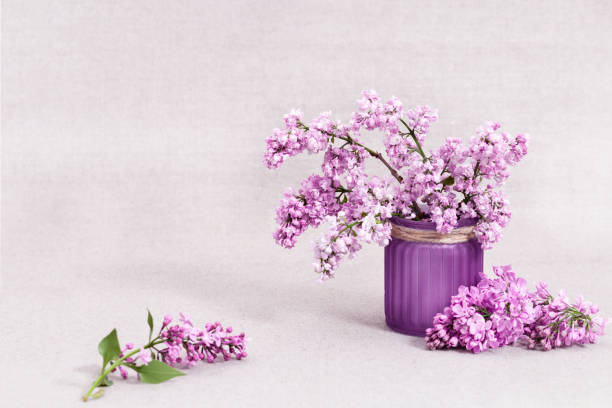 istock Spring flowers of lilac in vase on rustic tablecloth with copy space. Lilac closeup. Selective focus. 1153592100