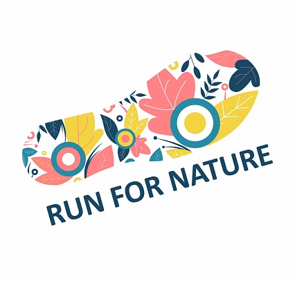 Run for nature. Track from the sneaker. Flowers and leaves. Symbol of a healthy lifestyle. Harmony with the world. Flat Vector Illustration