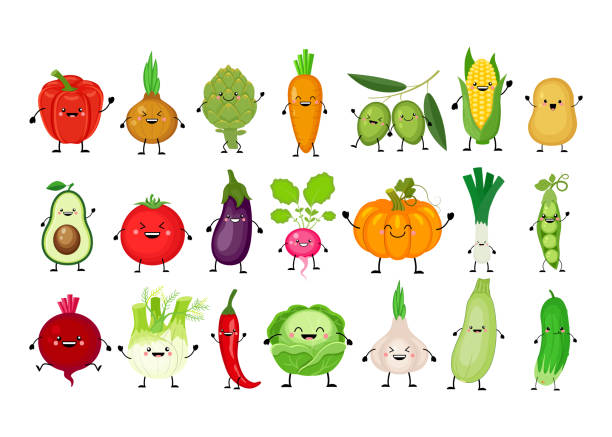 lustiges zeichentrickset aus verschiedenen gemüsesorten. kawaii gemüse. lächelnde kürbisse, karotten, auberginen, paprika, tomaten, avocado, artischocke, kohl, fenchel, zwiebel, knoblauch, gurke, erbsen, kartoffeln - pepper vegetable bell pepper red bell pepper stock-grafiken, -clipart, -cartoons und -symbole