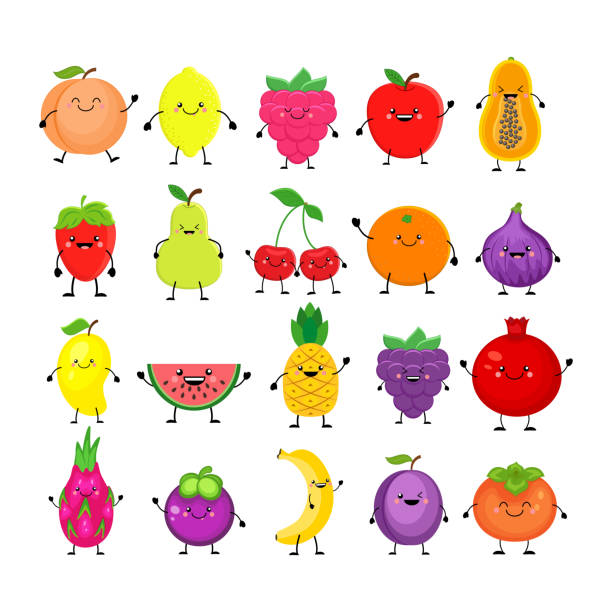 ilustrações, clipart, desenhos animados e ícones de jogo engraçado dos desenhos animados de frutas diferentes. pêssego de sorriso, limão, manga, melancia, cereja, maçã, abacaxi, framboesa, morango, laranja, ameixa da banana do mangostão da fruta do dragão, roça, persimmon, papaia, figos.   ilustraç - fruta