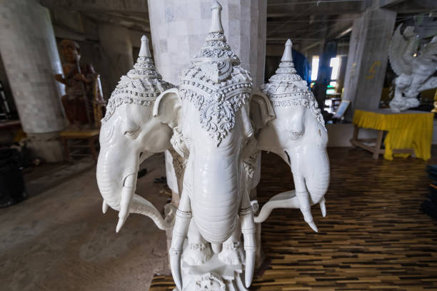 Phuket, Thailand - March, 31, 2019 : Erawan elephants at the big buddha statue in Phuket Thailand
