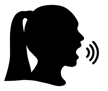 Black silhouette head girl, communication or shriek