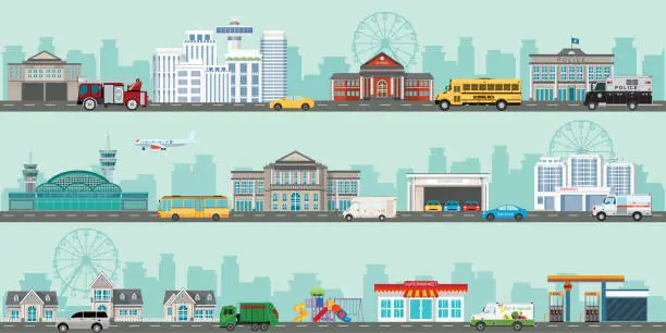 Vector illustration of Urban big cityscape with various large modern buildings and suburb with private houses.