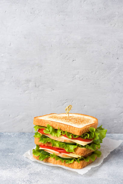 istock Tasty and fresh sandwiches on a light grey table. Copy space. 1153603505