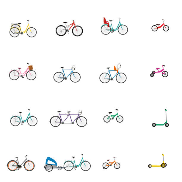 Vector illustrations of bicycle, child bike seat and kick scooter Vector illustrations of bicycle, child bike seat and kick scooter. You can get here: 
bicycle trailer, 
child bike seat front, 
child bike seat, 
children's balance bike, 
children's bike training wheels, 
children's bike, 
children's tricycle bike, 
city bike blue, 
city bike pink, 
kick scooter tricycle, 
kick scooter, 
mountain bike, 
raicing cycle, 
tandem, 
trekking bike, 
tricycle tricycle stock illustrations