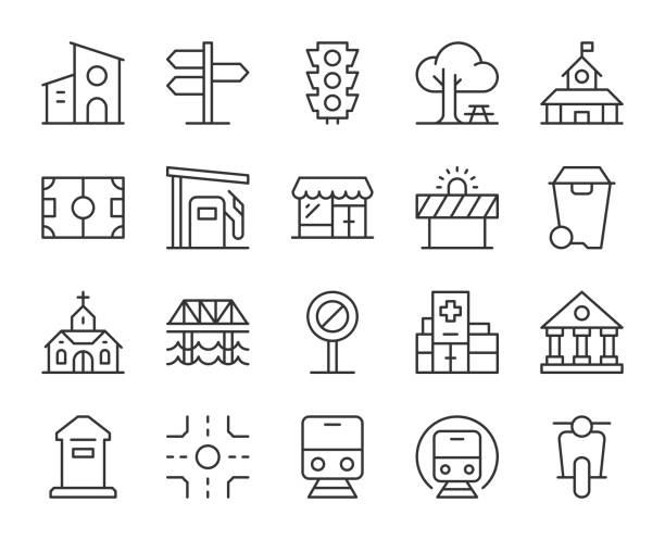 city element-light line icons - electric train illustrations stock-grafiken, -clipart, -cartoons und -symbole