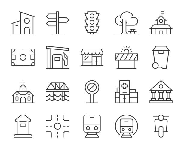 ilustrações de stock, clip art, desenhos animados e ícones de city element - light line icons - stockyards industrial park