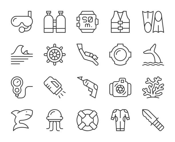 Scuba Diving and Snorkeling - Light Line Icons Scuba Diving and Snorkeling Light Line Icons Vector EPS File. scuba diver point of view stock illustrations