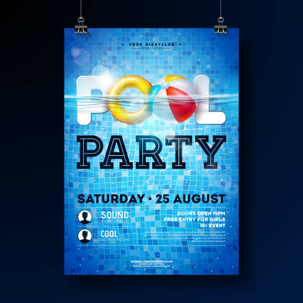 Summer pool party poster design template with water, beach ball and float on blue tiled background. Vector holiday illustration for banner, flyer, invitation, poster. vector art illustration