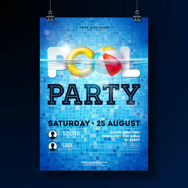 Vector illustration of Summer pool party poster design template with water, beach ball and float on blue tiled background. Vector holiday illustration for banner, flyer, invitation, poster.