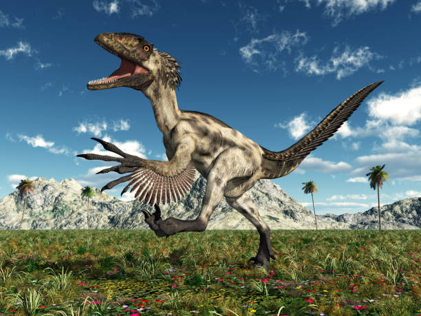 Dinosaur Deinonychus in a landscape stock photo