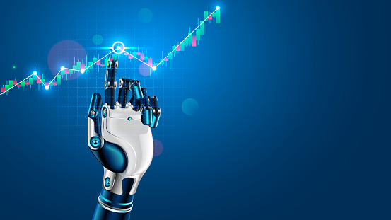 Robot or cyborg hand taps finger on chart of trading data of forex stock exchange. App or software with artificial intelligence analysis business financial information on trade market. Tech Concept.