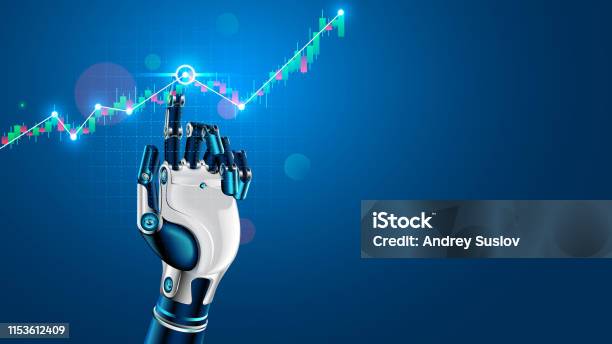 Robot Or Cyborg Hand Taps Finger On Chart Of Trading Data Of Forex Stock Exchange App Or Software With Artificial Intelligence Analysis Business Financial Information On Trade Market Tech Concept Stock Illustration - Download Image Now