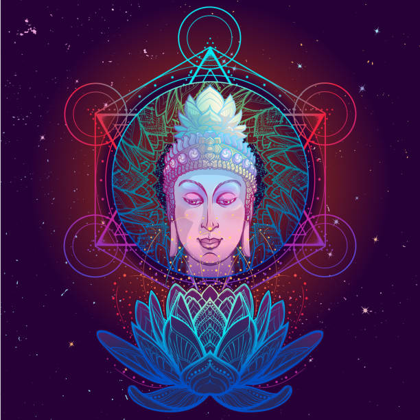 istock Buddha's head with a sacred om symbol glowing on his forehead. Anahata chakra drawing on a background. 1153613794
