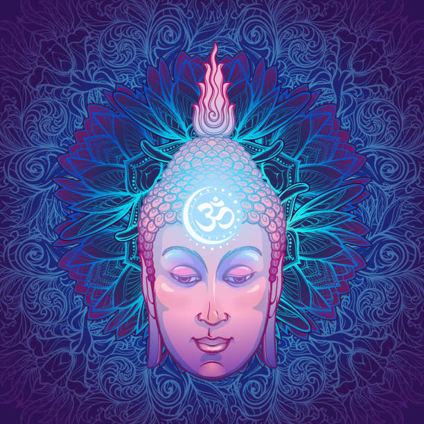 Buddha's head with a sacred om symbol glowing on his forehead. Placed on the decorative floral background. Buddha's head with a sacred om symbol glowing on his forehead. Placed on the decorative floral background. EPS10 vector illustration brahma illustrations stock illustrations