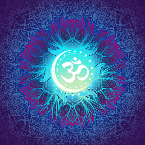 Om a Sacred mantra and a symbol of Hinduism. Decorative floral background Om a Sacred mantra and a symbol of Hinduism. Decorative floral background. EPS10 vector illustration om symbol stock illustrations