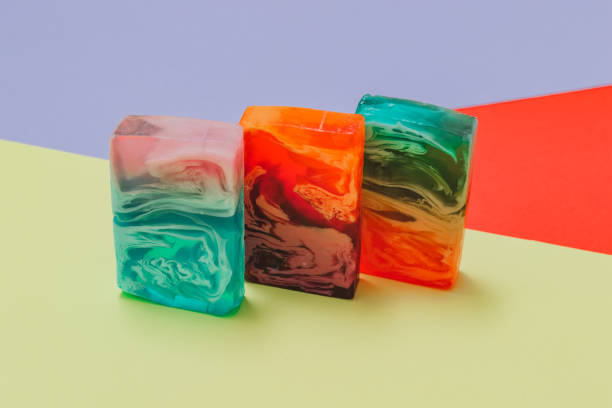 istock Marbleized effect on soap slices. Bright and soft color geometry background. Minimal and aesthetic design 1153616230