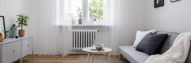 istock Living room with gray couch 1153617811