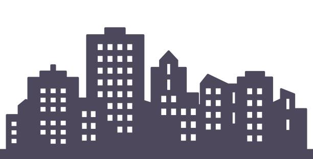 City, black silhouette of modern houses, eps. Black city, silhouette of modern high houses, vector icon. cityscape icons stock illustrations