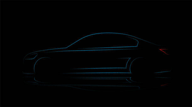 Modern car silhouette in side view. Blue neon car silhouette for logo, banner or marketing advertising design. Modern car silhouette in side view. Blue neon car silhouette for logo, banner or marketing advertising design. Vector illustration. auto sales banner stock illustrations
