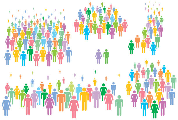 Multi colored vector illustration of group of stylized people. People icons – man and woman. crowd of people icons stock illustrations