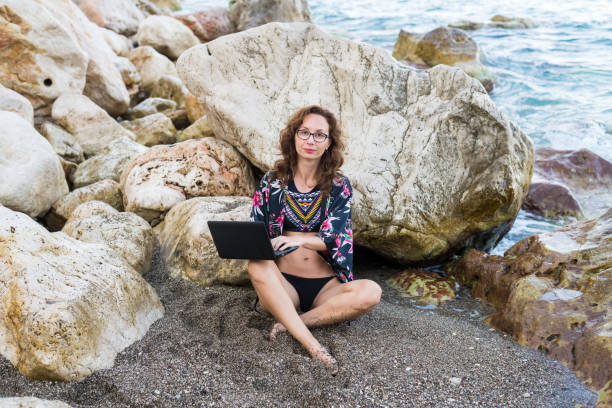 istock Woman workaholic works on netbook sitting on a stone on the beach. 1153621033