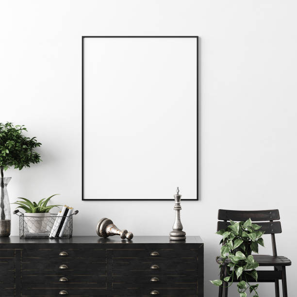 Poster, wall mockup in interior background with dark furniture, industrial style Poster, wall mockup in interior background with dark furniture, industrial style, 3d render dirty old couch stock pictures, royalty-free photos & images