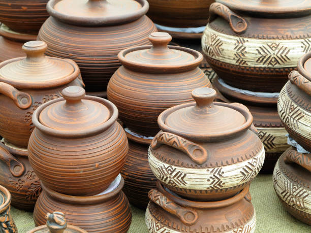 istock Old brown clay ceramic pottery retro handmade vases 1153627547