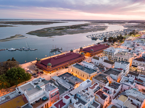 Olhao with two market buildings by Ria Formosa in the evening, Algarve, Portugal