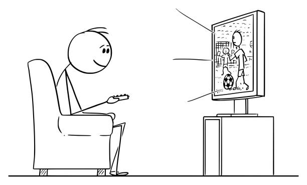 Vector Cartoon of Man Sitting in Armchair and Watching Football or Soccer Sport Game on TV or Television Vector cartoon stick figure drawing conceptual illustration of man sitting in armchair and enjoying watching football or soccer sport game on TV or television. men watching soccer game stock illustrations