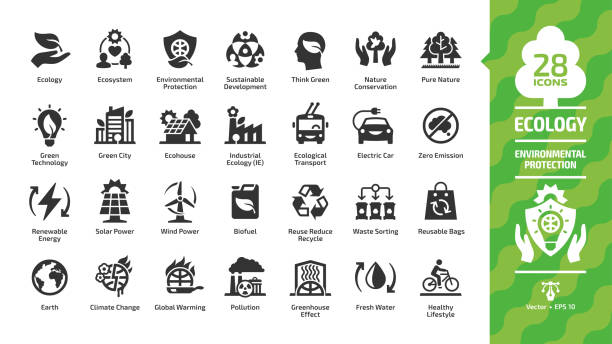 stockillustraties, clipart, cartoons en iconen met ecologie icon set met groene stad, ecosysteem, eco-technologie, hernieuwbare energie, bescherming van het milieu, duurzame ontwikkeling, natuurbehoud, ecologisch transport en recycling glyph symbolen. - ecosysteem