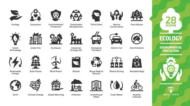 Vector illustration of Ecology icon set with green city, ecosystem,  eco technology, renewable energy, environment protection, sustainable development, nature conservation, ecological transport and recycling glyph symbols.