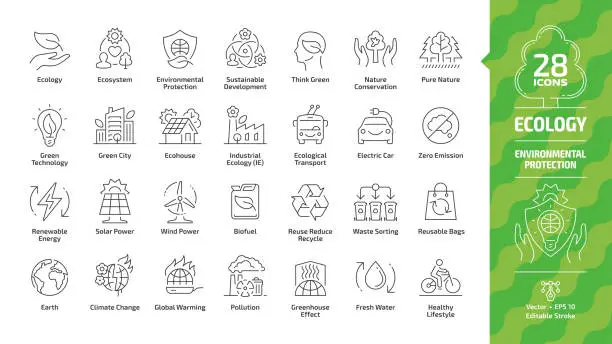 Vector illustration of Ecology outline icon set with eco city, green technology, renewable energy, environmental protection, sustainable development, nature conservation, electric car & Earth editable stroke line symbols.