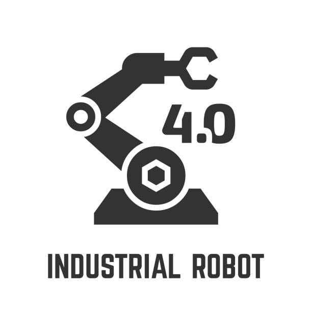 ilustrações, clipart, desenhos animados e ícones de ícone industrial do braço do robô com sistema da automatização usado para a fabricação ou o símbolo do glifo da tecnologia da robótica 4,0. - robótica
