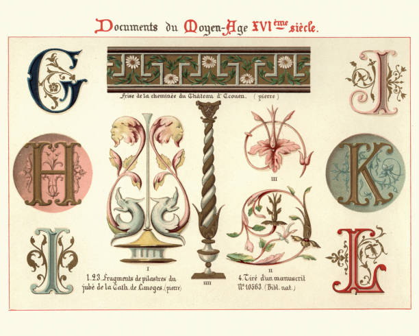 Vintage engraving of Illuminated manuscript letters and design elements, 16th Century