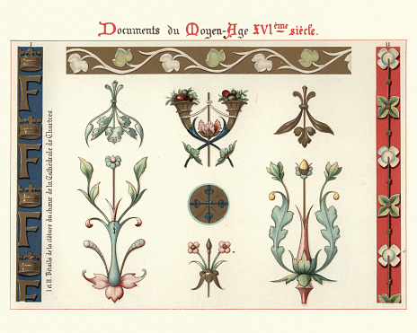 Vintage engraving of Decoration, floral design elements and borders, 16th Century