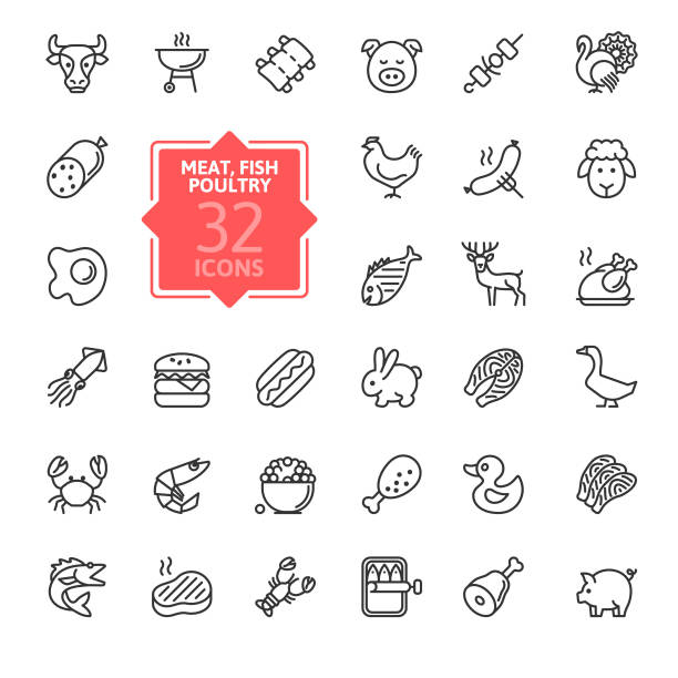 ilustrações de stock, clip art, desenhos animados e ícones de meat, poultry, fish and eggs - minimal thin line web icon set. - venison