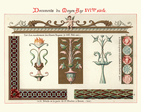 Vintage engraving of Decoration, floral patterns and borders, design elements, 16th Century