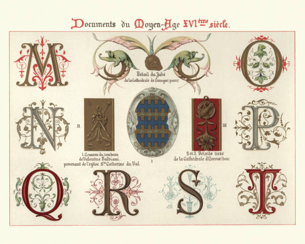 ilustrações de stock, clip art, desenhos animados e ícones de ornate illuminated manuscript letters and design elements, 16th century - alphabet letter text letter q