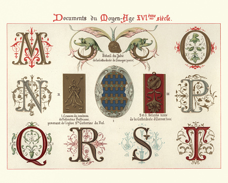 Vintage engraving of Ornate Illuminated manuscript letters and design elements, 16th Century. Letters, M, N, O, P, Q, R, S, T