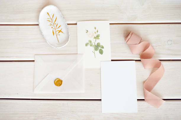 istock Feminine wedding desktop mock-up with blank paper card and Eucalyptus populus branch on white shabby table background. Empty space. Styled stock photo, web banner. Flat lay, top view. 1153632500