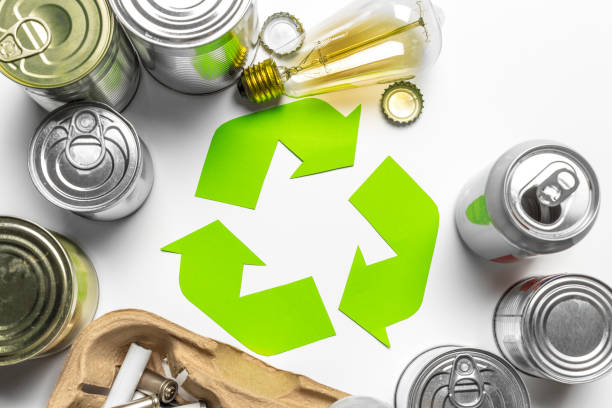 istock Eco concept with recycling symbol on table background top view 1153632598