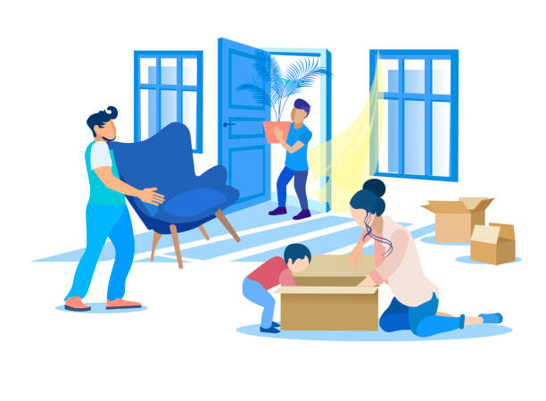 행복 한 가족은 새로운 장소 그림으로 이동 - mover stock illustrations